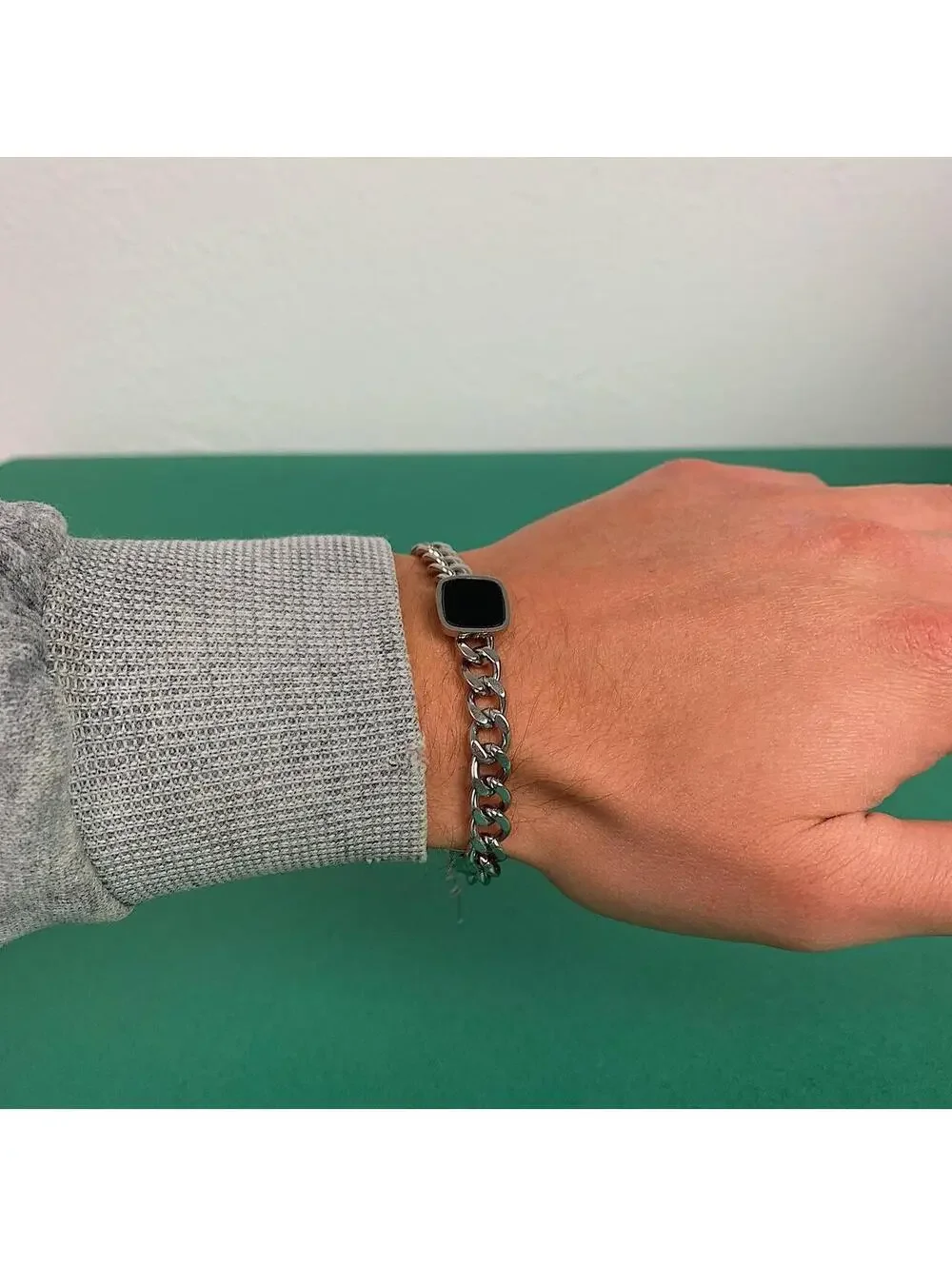 Y2k Vintage style Stainless Steel Silver Cuban Link Black Square Opal Bracelet.